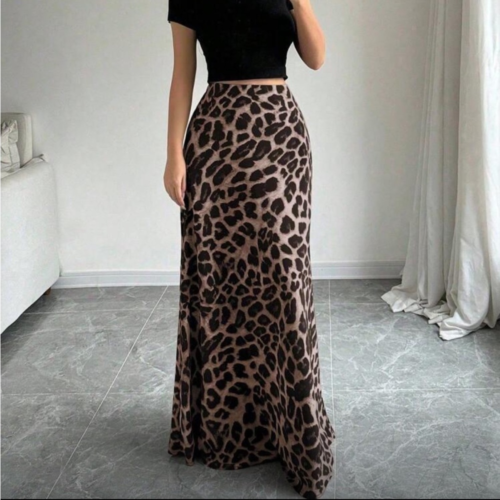 Classic Satin Leopard Print Fish Tail Long Maxi Skirt